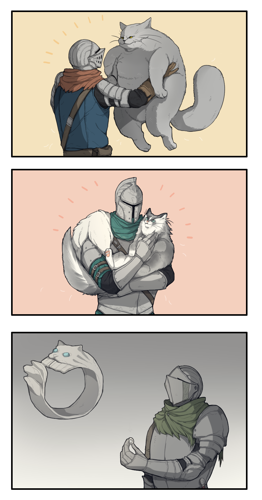 alvina ambiguous_gender armor ashen_one bearer_of_the_curse chosen_undead clothing comic dark_souls digital_media_(artwork) domestic_cat duo felid feline felis female feral fromsoftware fur handwear headgear helmet hi_res holding_another human knight mammal noru0217 simple_background size_difference standing sweet_shalquoir tail warrior