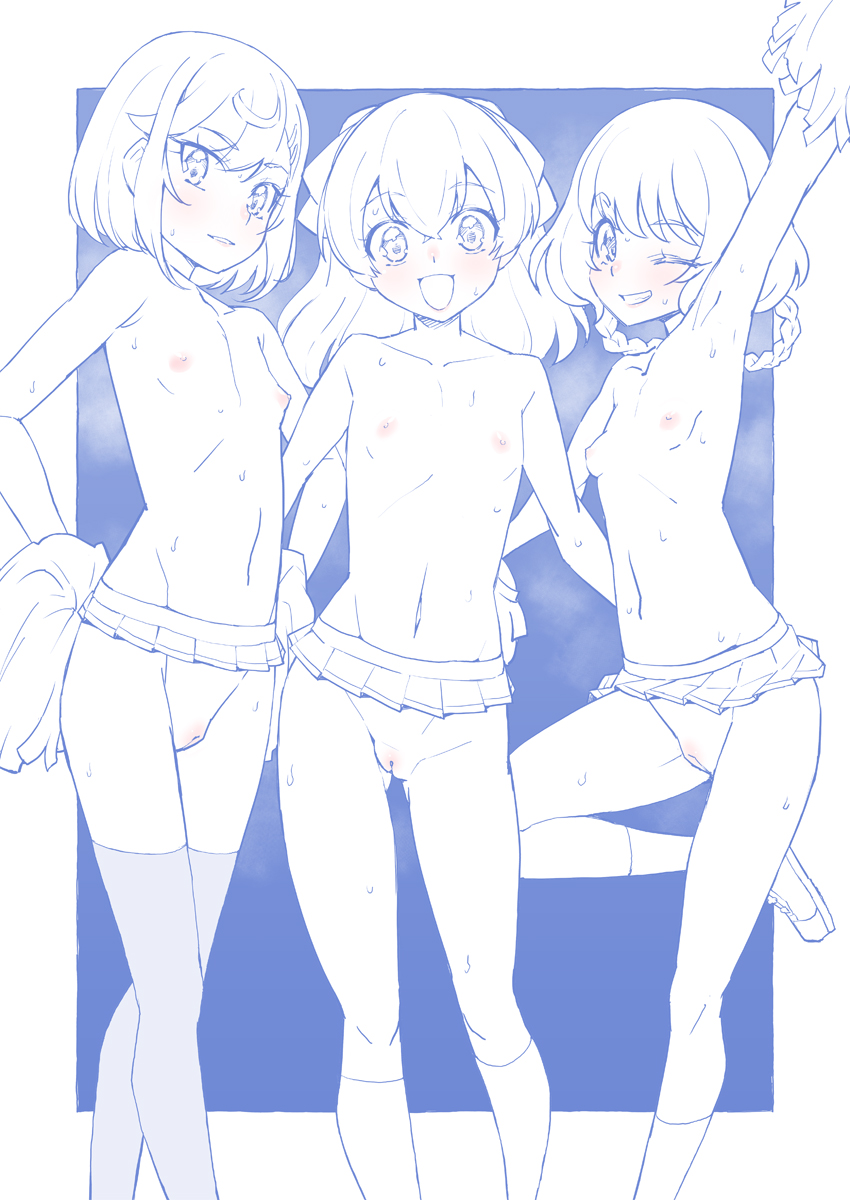 3girls :d arm_around_waist arm_up armpits ass_visible_through_thighs bangs blue_theme blush bob_cut braid breasts commentary delicious_party_precure eyebrows_visible_through_hair fuwa_kokone grin groin hair_bobbles hair_ornament hanamichi_ran hands_on_hips highres holding holding_pom_poms kneehighs leg_up locked_arms looking_at_viewer medium_hair microskirt miyagoe_yoshitsuki monochrome multiple_girls nagomi_yui nipples one_eye_closed open_mouth outside_border parted_lips pleated_skirt pom_pom_(cheerleading) precure pussy shoes short_hair side-by-side skirt small_breasts smile socks spot_color standing standing_on_one_leg sweat thighhighs topless twin_braids