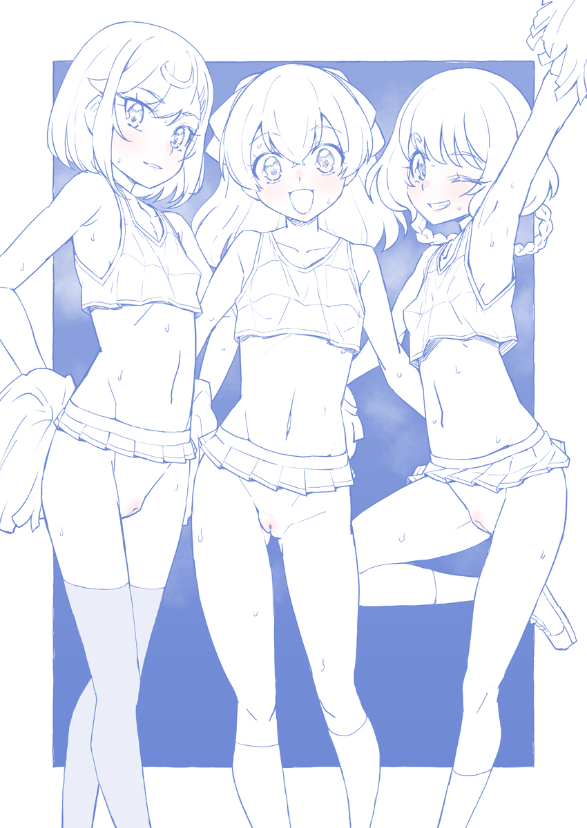 3girls :d arm_around_waist arm_up armpits ass_visible_through_thighs bangs blue_theme blush bob_cut braid breasts commentary crop_top delicious_party_precure eyebrows_visible_through_hair fuwa_kokone grin groin hair_bobbles hair_ornament hanamichi_ran hands_on_hips highres holding holding_pom_poms kneehighs leg_up locked_arms looking_at_viewer medium_hair microskirt midriff miyagoe_yoshitsuki monochrome multiple_girls nagomi_yui one_eye_closed open_mouth outside_border parted_lips pleated_skirt pom_pom_(cheerleading) precure pussy shirt shoes short_hair side-by-side skirt sleeveless sleeveless_shirt small_breasts smile socks spot_color standing standing_on_one_leg sweat thighhighs twin_braids