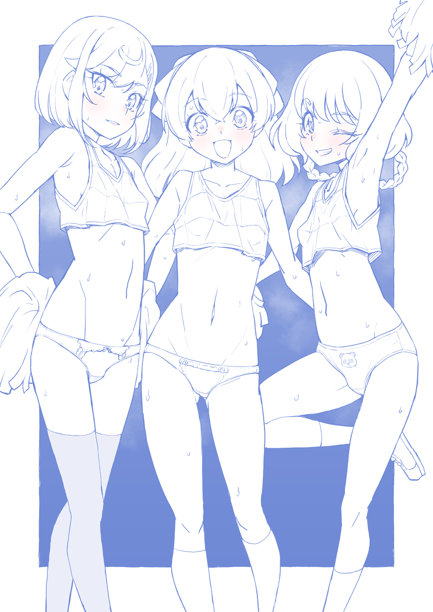3girls :d animal_print arm_around_waist arm_up armpits ass_visible_through_thighs bangs bear_print blue_theme blush bob_cut bow bow_panties braid breasts commentary crop_top crotch_seam delicious_party_precure eyebrows_visible_through_hair front-print_panties fuwa_kokone grin groin hair_bobbles hair_ornament hanamichi_ran hands_on_hips highres holding holding_pom_poms kneehighs leg_up locked_arms looking_at_viewer medium_hair midriff miyagoe_yoshitsuki monochrome multiple_girls nagomi_yui one_eye_closed open_mouth outside_border panda_print panties parted_lips pom_pom_(cheerleading) precure print_panties shirt shoes short_hair side-by-side sleeveless sleeveless_shirt small_breasts smile socks spot_color standing standing_on_one_leg sweat thighhighs twin_braids underwear