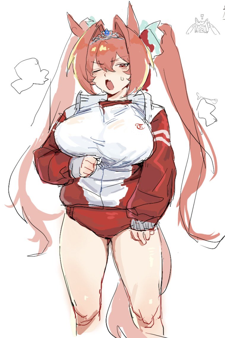 1girl animal_ears breasts breath buruma cropped_legs daiwa_scarlet_(umamusume) fang gym_uniform hair_intakes half-closed_eye horse_ears horse_girl horse_tail jacket large_breasts long_hair long_sleeves looking_at_viewer one_eye_closed open_mouth red_eyes red_jacket shirt simple_background sketch solo standing sweat tail tiara twintails umamusume utsuru4 v-shaped_eyebrows white_background white_shirt