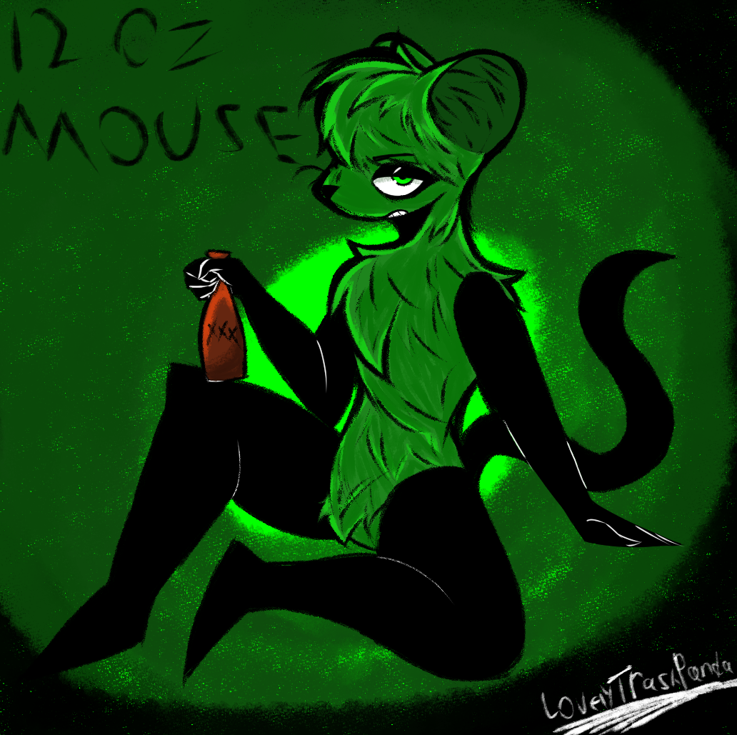 12_oz._mouse adult_swim alcohol anthro beer beverage cartoon_network girly glistening glistening_body green_body looking_at_viewer lovelytrashpanda male mammal mouse mouse_fitzgerald murid murine rodent sitting solo