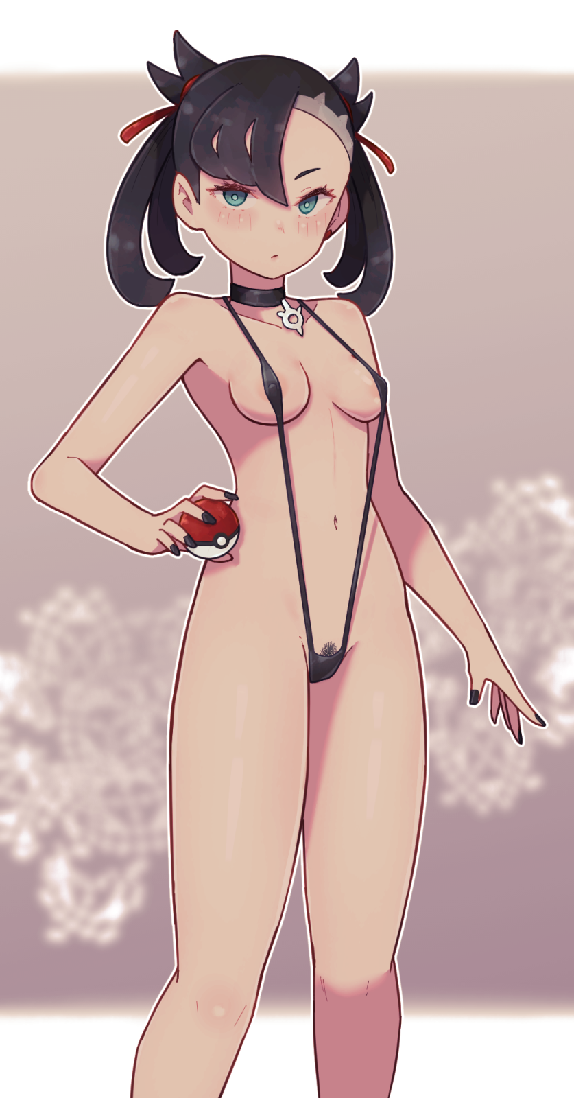 1girl areolae asymmetrical_bangs bangs black_choker black_hair black_nails blush breasts choker covered_nipples female_pubic_hair green_eyes hair_ribbon highres holding holding_poke_ball lamb-oic029 looking_at_viewer marnie_(pokemon) medium_hair navel parted_lips pendant_choker poke_ball poke_ball_(basic) pokemon pokemon_(game) pokemon_swsh pubic_hair red_ribbon ribbon small_breasts solo stomach swimsuit twintails undercut