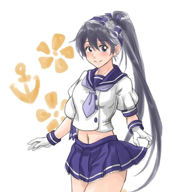 1girl black_eyes black_hair blue_neckerchief blue_sailor_collar blue_skirt commentary_request cosplay cowboy_shot gloves houshou_(kancolle) kantai_collection long_hair long_sleeves matsuwa_(kancolle) matsuwa_(kancolle)_(cosplay) midriff navel neckerchief pleated_skirt ponytail sailor_collar school_uniform serafuku shorts shorts_under_skirt skirt smile solo sozan white_gloves