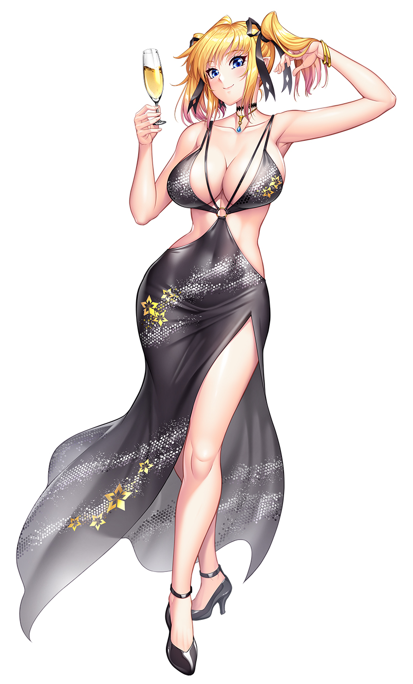 1girl alcohol armpits bangs bare_shoulders black_footwear blonde_hair blue_eyes blush bracelet breasts champagne champagne_flute choker cleavage closed_mouth collarbone commentary_request covered_navel cup drinking_glass full_body high_heels highres holding jewelry large_breasts lips long_hair looking_at_viewer o-ring official_art pointy_ears shinganji_kurenai shiny shiny_hair shiny_skin short_twintails side_slit simple_background sleeveless smile solo standing taimanin_(series) taimanin_asagi_kessen_arena taimanin_kurenai thighs twintails white_background zol