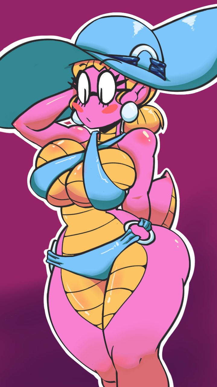 2016 amphibian anthro big_breasts bikini blush breasts cleavage clothed clothing colored countershade_torso countershading darkprincess04 digital_drawing_(artwork) digital_media_(artwork) eyebrows eyelashes female gradient_background hair hair_bun hat headgear headwear hi_res lungless_salamander pearl_earring pink_body portrait salamander_(amphibian) sally_(scalie_schoolie) scalie scalie_schoolie shaded simple_background solo spring_salamander swimwear three-quarter_portrait webcomic wide_hips yellow_body