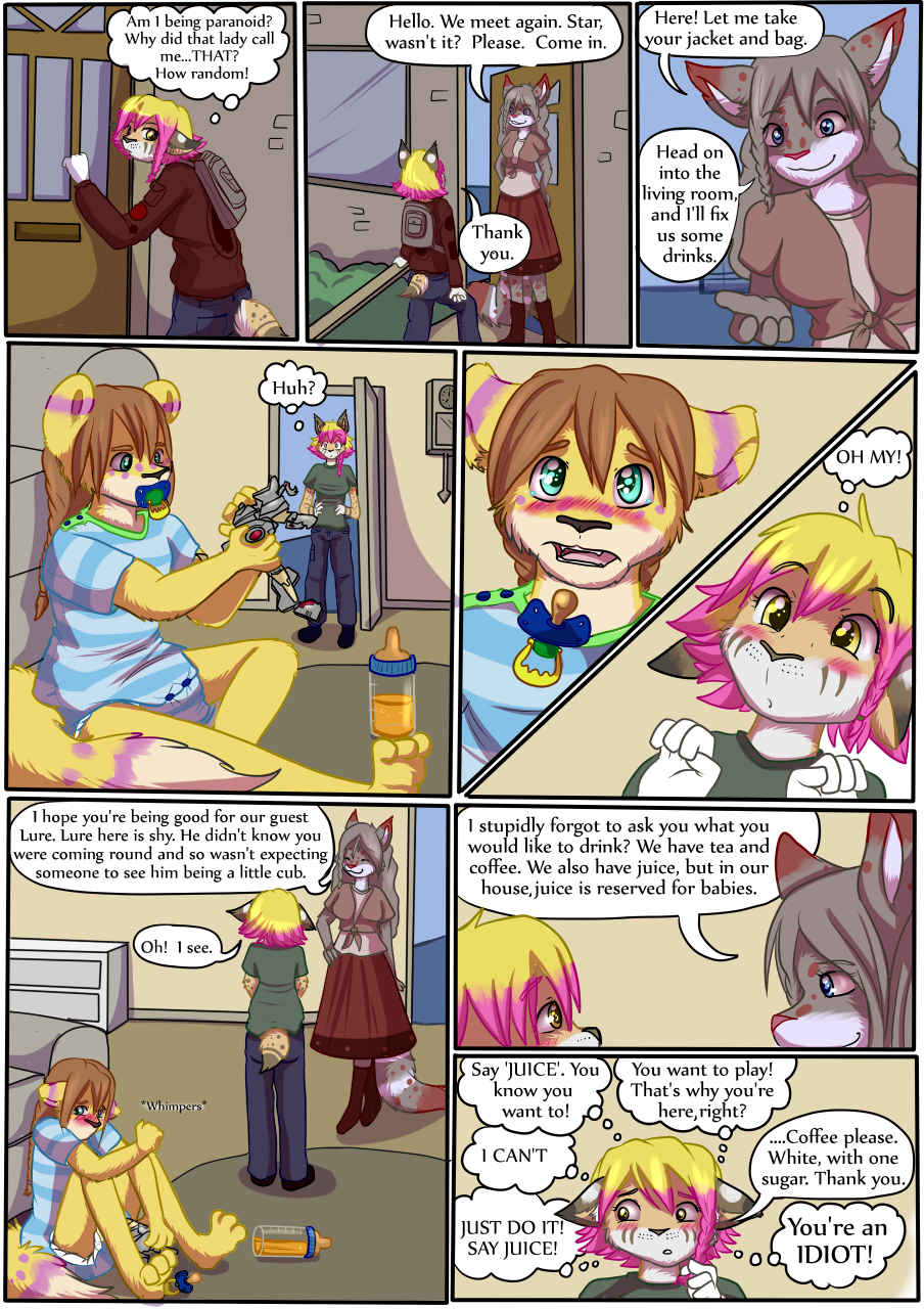 2014 ageplay anthro baby_bottle babystar biped blush clothing comic detailed_background dialogue diaper dipstick_ears english_text felid feline female fur group hair hi_res infantilism lynx male mammal multicolored_ears onesie open_mouth pacifier sitting speech_bubble standing star_(babystar) text trio