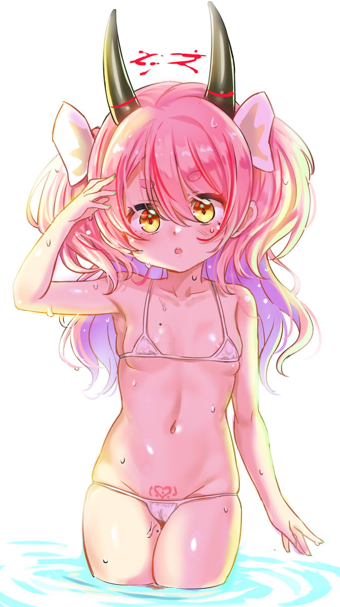 1girl :o areola_slip areolae arm_up armpits bangs bare_arms bare_shoulders bikini blush bow breasts cameltoe collarbone eyebrows_visible_through_hair green_nails groin hair_between_eyes hair_bow halo heart highres horns long_hair looking_at_viewer mole mole_on_breast multicolored_hair nail_polish navel original parted_lips pink_hair pubic_tattoo purple_hair short_eyebrows simple_background small_breasts solo standing swimsuit tattoo teeth thick_eyebrows two-tone_hair two_side_up unname upper_teeth wading water white_background white_bikini white_bow yellow_eyes