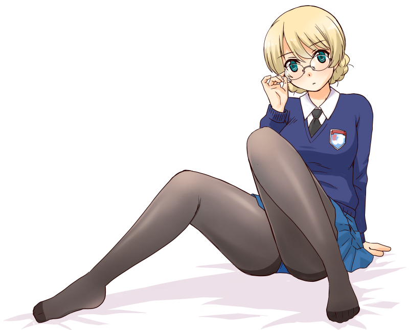 1girl adjusting_eyewear arm_support black_necktie blonde_hair blue_eyes blue_skirt blue_sweater braid darjeeling_(girls_und_panzer) emblem french_braid girls_und_panzer glasses looking_at_viewer necktie no_shoes pantyhose school_uniform shirt skirt smile solo st._gloriana's_(emblem) st._gloriana's_school_uniform sweater thighband_pantyhose thighs uona_telepin white_background white_shirt