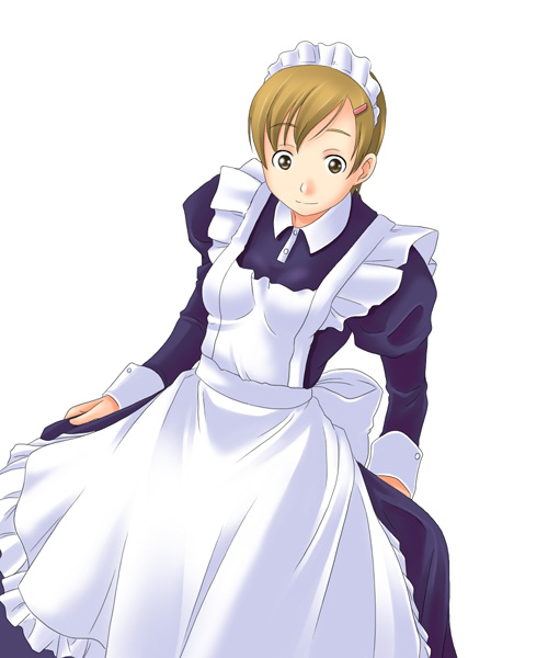 apron bangs bow breasts brown_eyes brown_hair buttons closed_mouth cowboy_shot dress from_above hair_ornament hairclip hasekura_rei juliet_sleeves long_sleeves looking_away maid maid_headdress maria-sama_ga_miteru puffy_sleeves purple_dress short_hair simple_background small_breasts solo standing swept_bangs tareme toshifumi white_apron white_background white_bow wing_collar