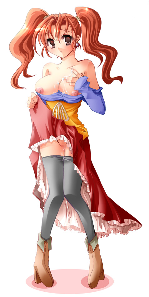blush breasts censored cum dragon_quest dragon_quest_viii dress jessica_albert large_breasts mosaic_censoring no_panties ookami_ryousuke red_hair skirt skirt_lift solo strapless strapless_dress thighhighs twintails