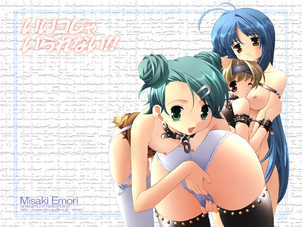 :d ;( antenna_hair ass bangs bent_over black_legwear breasts closed_mouth collarbone copyright_request double_bun emori_misaki fang frown garter_belt green_eyes hair_ornament hairclip hand_on_another's_head hanging_breasts lace lace-trimmed_panties lingerie looking_at_viewer medium_breasts multiple_girls nipples nude open_mouth panties petting short_hair small_breasts smile standing studded_legwear swept_bangs thighhighs tooth underwear white_legwear white_panties