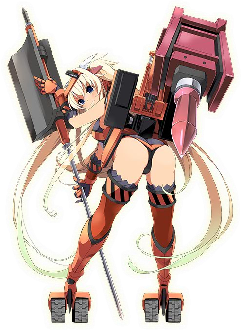 1girl ass blonde_hair elbow_gloves full_body gloves holding holding_weapon hydraulic_breaker_(ole_tower) leaning_forward long_hair looking_at_viewer looking_back official_art ole_tower orange_gloves orange_legwear solo standing thighhighs transparent_background twintails very_long_hair weapon