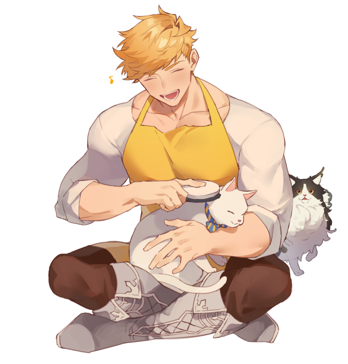 1boy animal apron bangs bara blonde_hair blush boots brown_pants cat closed_eyes comb combing ewiyar_(granblue_fantasy) granblue_fantasy higashigunkan holding holding_comb indian_style large_pectorals male_focus muscular muscular_male open_mouth pants pectorals shirt sitting sleeves_rolled_up smile vane_(granblue_fantasy) white_shirt yellow_apron