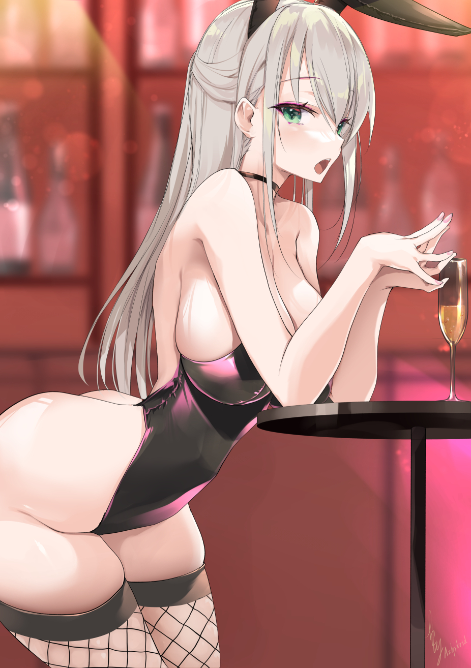 1girl animal_ears ass bangs bare_shoulders black_leotard blurry blurry_background breasts champagne_flute choker cup drinking_glass eyebrows_visible_through_hair fake_animal_ears fishnet_legwear fishnets from_side green_eyes grey_hair highres large_breasts leotard long_hair looking_at_viewer open_mouth original playboy_bunny rabbit_ears strapless strapless_leotard thighhighs won_(az_hybrid)