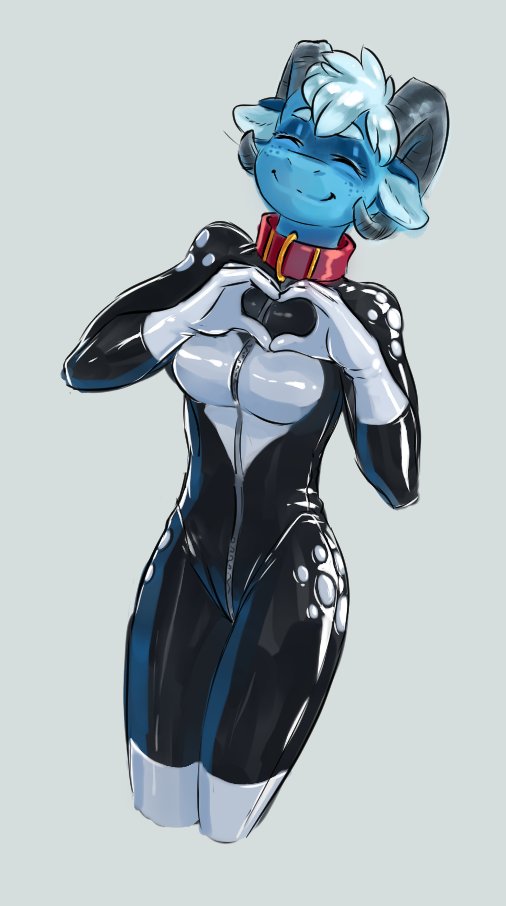 2022 anthro biped bovid breasts caprine clothing collar eyes_closed female goat hair horn mammal peskybatfish red_collar rubber rubber_clothing rubber_suit simple_background smile solo