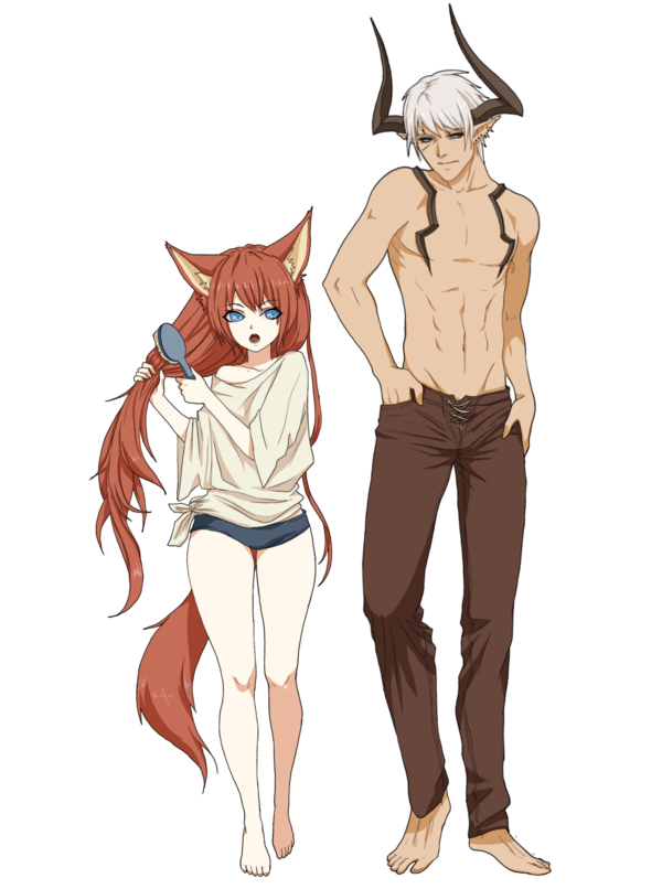 1boy 1girl animal_ear_fluff animal_ears barefoot blue_eyes brown_pants castanic comb combing elin fox_ears fox_tail full_body hand_in_pocket holding holding_comb horns long_hair looking_to_the_side loose_clothes loose_shirt navel nipuni non-web_source open_mouth pants pointy_ears shirt standing tail tera_online thighs transparent_background