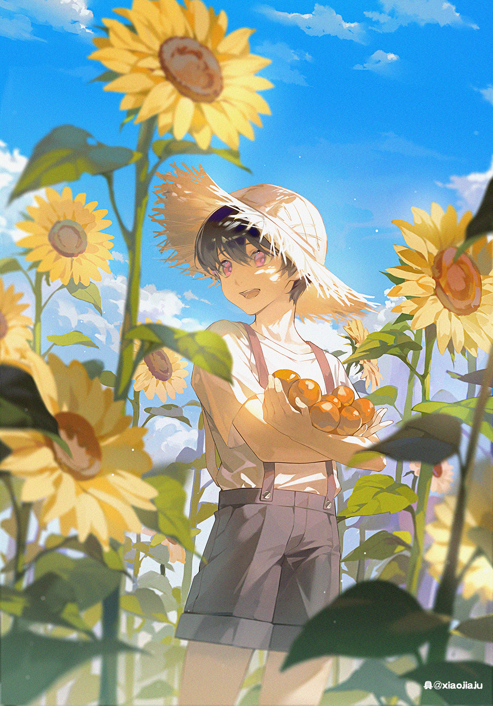 1boy black_hair blue_sky chinese_commentary cloud cloudy_sky commentary_request crossed_arms day feet_out_of_frame flower food hat highres holding holding_food lan-ge-zi leaf male_focus open_mouth original outdoors purple_eyes shirt short_hair short_sleeves shorts sky smile solo standing straw_hat sun_hat sunflower suspenders white_shirt