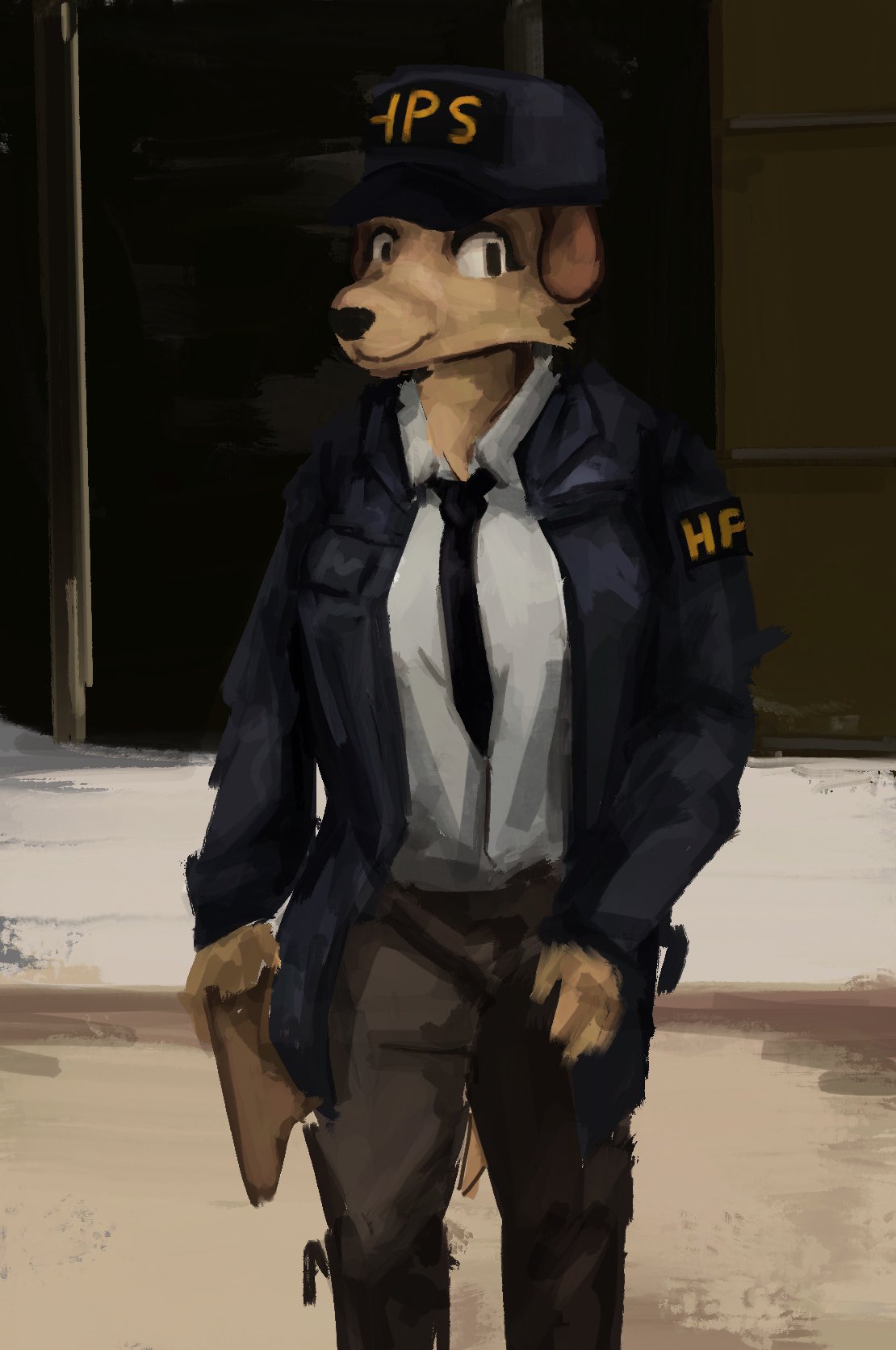 anon2000000 anthro canid canine canis clothing domestic_dog female glowie hat headgear headwear hi_res holster looking_at_viewer mammal martha_lorraine martha_speaks necktie painting_(artwork) police police_uniform snow solo traditional_media_(artwork) uniform