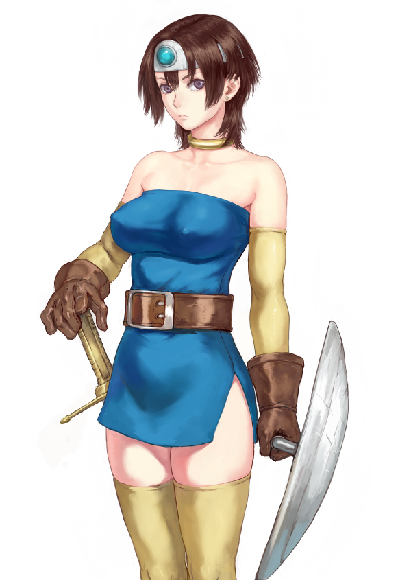 1girl arm_warmers bangs bare_shoulders belt blue_dress breasts brown_eyes brown_gloves brown_hair circlet closed_mouth collar collarbone commentary covered_nipples dragon_quest dragon_quest_iii dress earrings expressionless gloves hair_ornament holding jewelry looking_at_viewer medium_breasts roto shield short_dress short_hair shu-mai simple_background solo strapless strapless_dress sword thighhighs thighs weapon white_background zettai_ryouiki