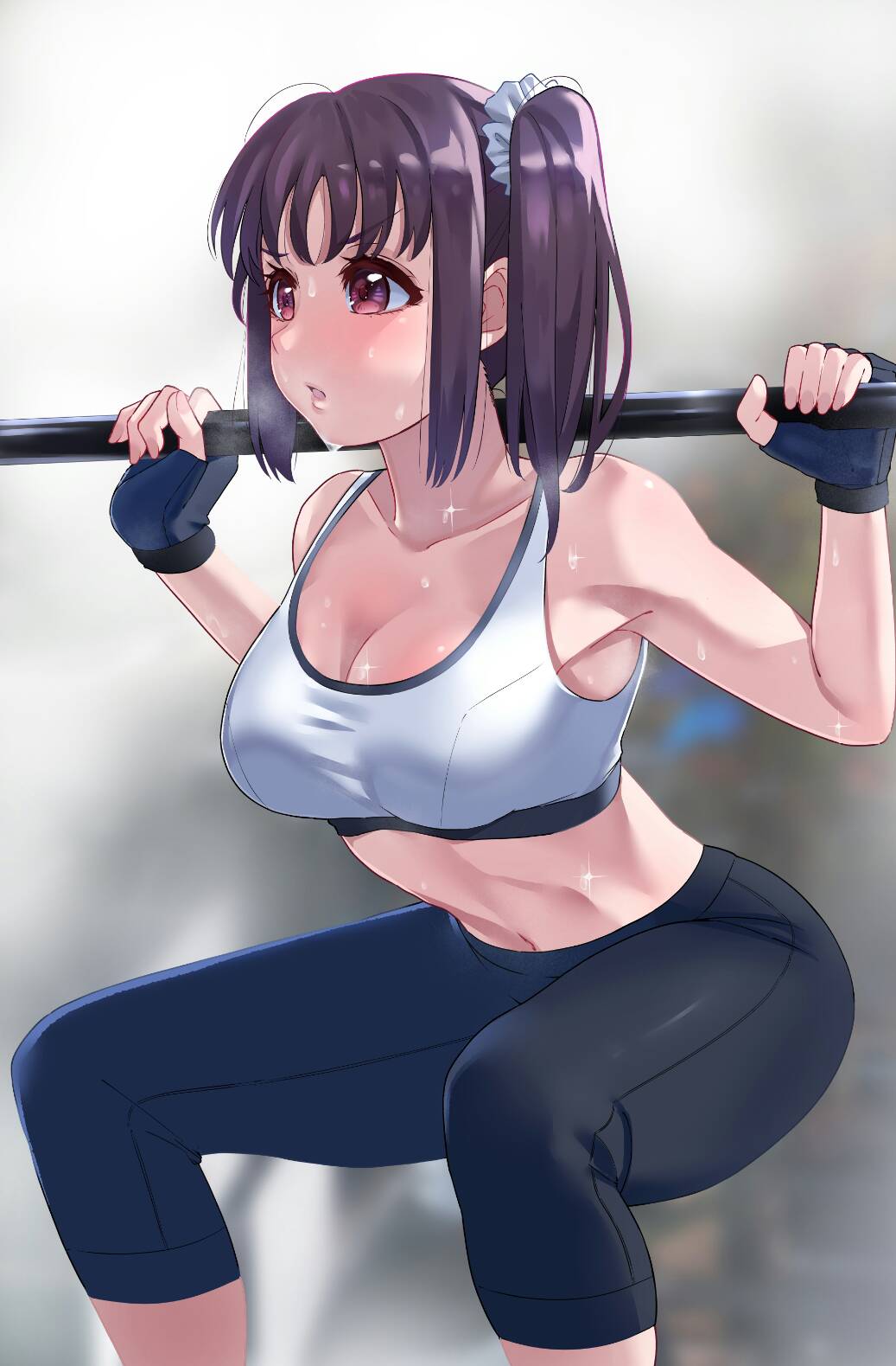 1girl armpits arms_up bangs barbell bare_arms bare_shoulders black_gloves blurry blurry_background blush breasts capri_pants collarbone commentary_request exercise eyebrows_visible_through_hair feet_out_of_frame fingerless_gloves fingernails glint gloves gym hair_ornament hair_scrunchie heavy_breathing highres igarashi_kyouhei kazuno_sarah love_live! love_live!_sunshine!! medium_breasts midriff navel open_mouth pants purple_eyes purple_hair scrunchie side_ponytail sidelocks simple_background solo sports_bra sportswear stomach sweat tight tight_pants toned twintails weight weightlifting workout_clothes yoga_pants