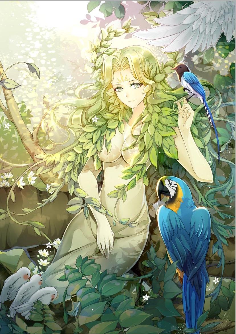 1girl bird breasts cardcaptor_sakura cleavage colored_skin convenient_censoring facial_mark feathered_wings flower forehead_mark green_eyes green_skin k12io leaf long_hair parrot plant_hair sitting solo tree water wings wood_(clow_card)