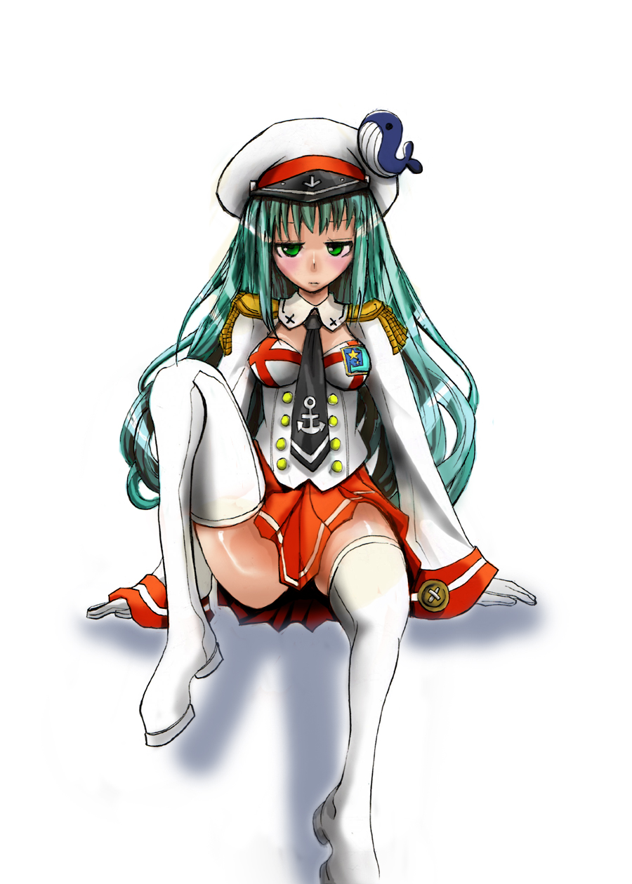 1girl black_necktie blush boots collared_shirt commentary commentary_request eyebrows_behind_hair gaoo_(frpjx283) green_eyes green_hair hat highres long_hair long_sleeves looking_at_viewer necktie original red_skirt shirt skirt thigh_boots thighhighs whale_ornament white_footwear white_headwear white_legwear white_shirt