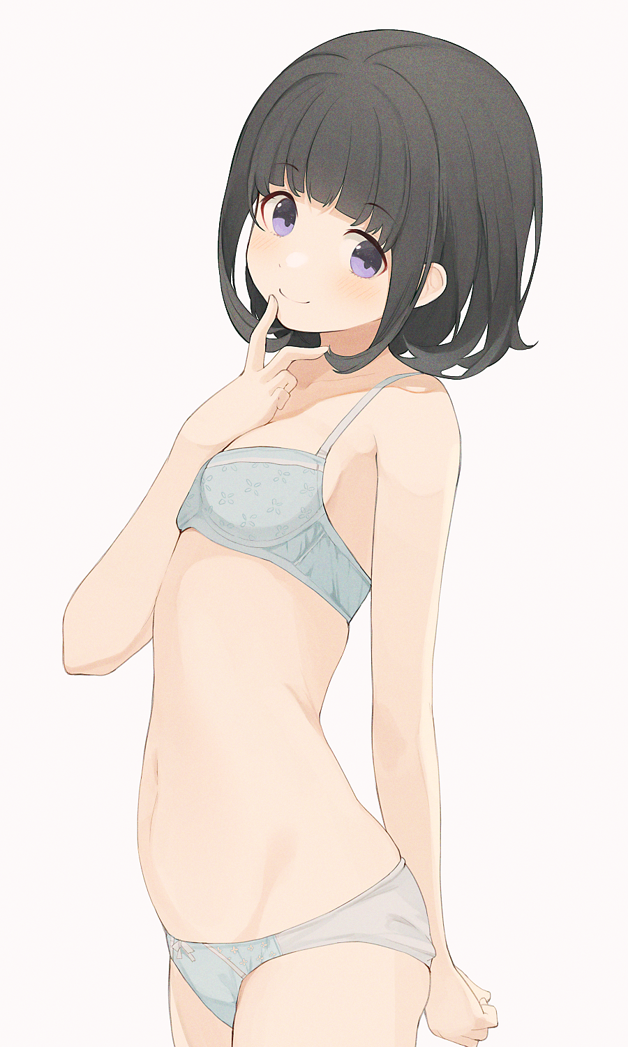 1girl bangs black_hair blue_bra blue_panties bra breasts closed_mouth eyebrows_visible_through_hair grey_background highres hiroki_(yyqw7151) navel original panties short_hair simple_background small_breasts smile solo stomach underwear underwear_only