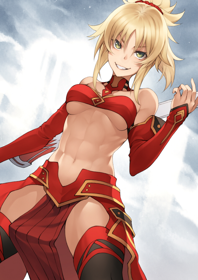 1girl abs armor bandeau bangs banned_artist bare_shoulders black_legwear blonde_hair braid breasts clarent_(fate) detached_collar detached_sleeves fate/apocrypha fate/grand_order fate_(series) faulds french_braid green_eyes grin kyoeiki long_hair looking_at_viewer mordred_(fate) mordred_(fate/apocrypha) navel parted_bangs pelvic_curtain ponytail sidelocks small_breasts smile solo sword thighhighs thighs weapon