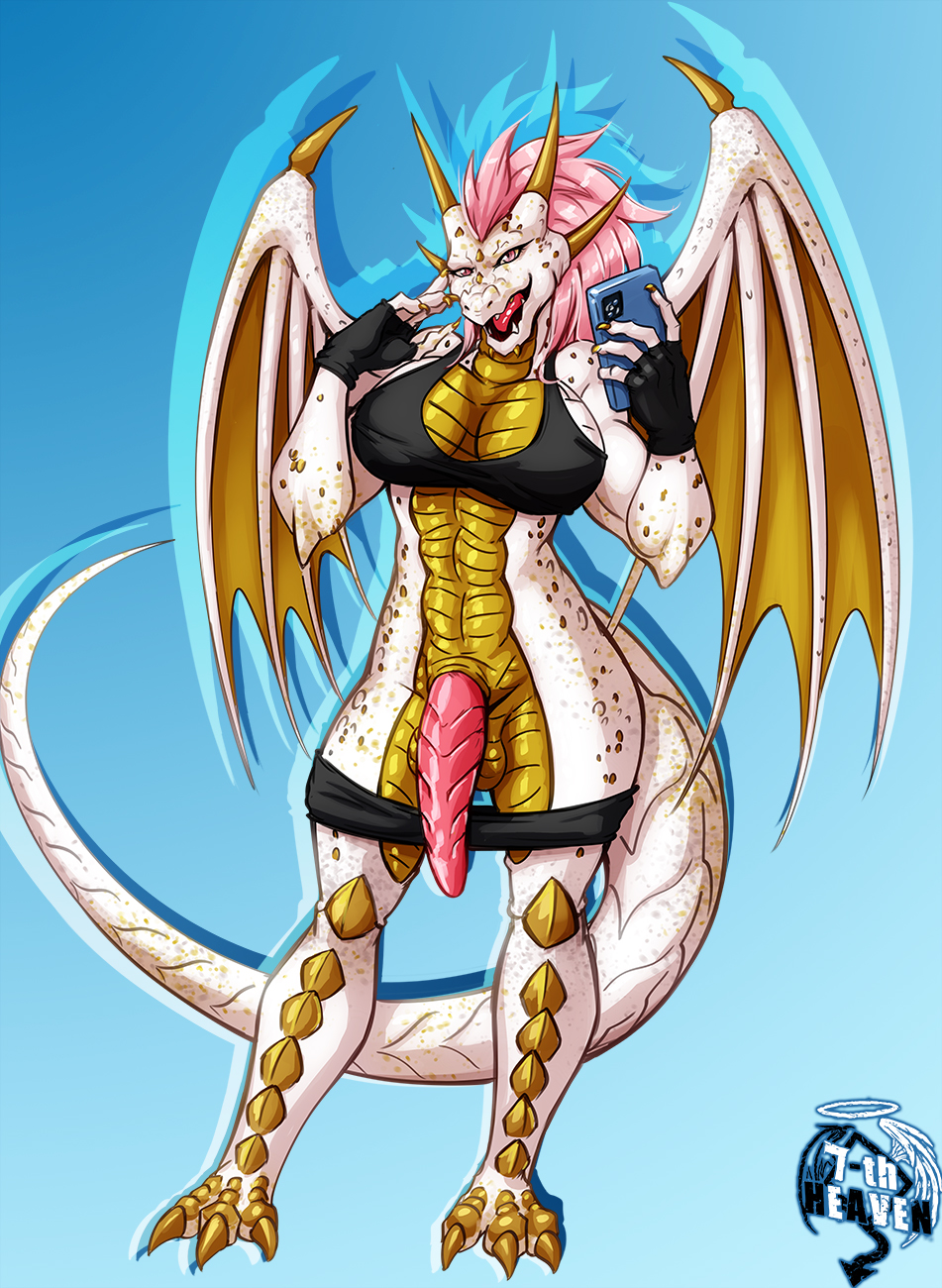 7th_heaven_(artist) anthro balls bra breasts claws cleavage clothed clothing dragon genitals gloves gynomorph handwear hi_res horn intersex open_mouth penis phone scalie simple_background solo sports_bra sportswear underwear western_dragon wings