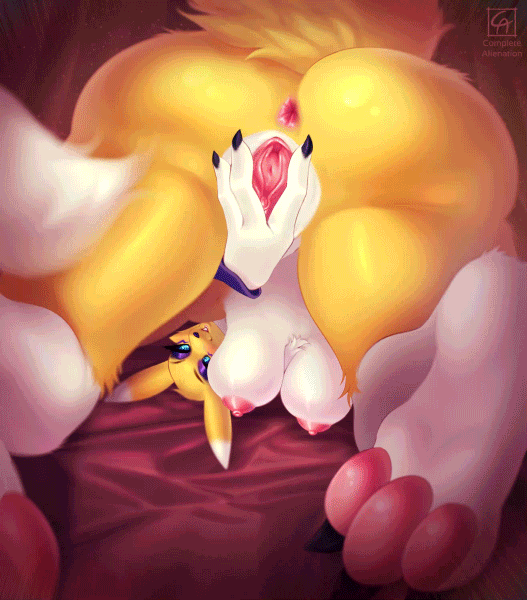 2022 animated anthro anus bandai_namco breasts butt claws completealienation digimon digimon_(species) female fur genitals gs nipples pawpads pussy renamon solo spread_pussy spreading yellow_body yellow_fur