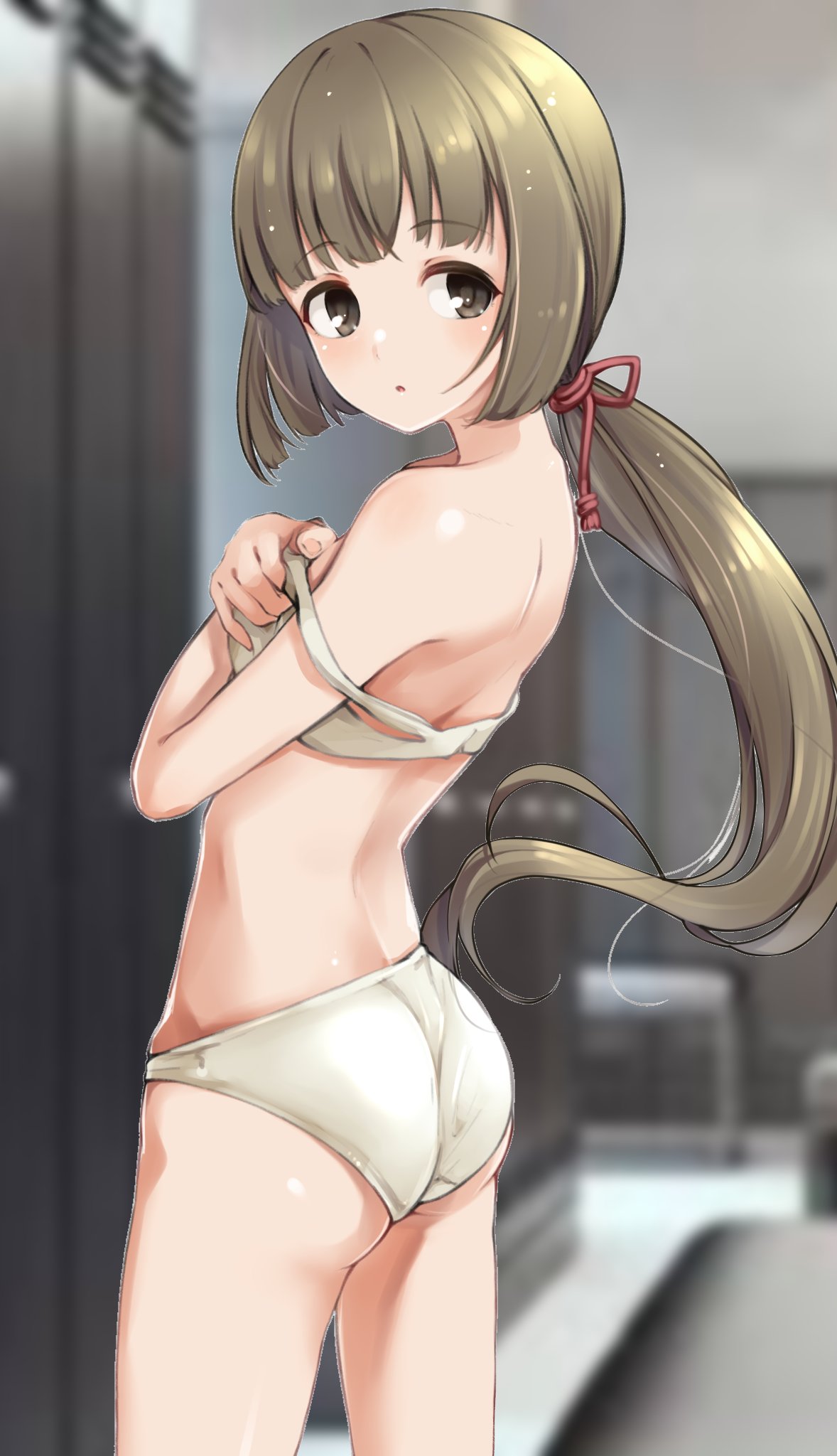 1girl ass blurry blurry_background bra breasts brown_hair depth_of_field derivative_work eyebrows_visible_through_hair highres idolmaster idolmaster_cinderella_girls indoors locker locker_room long_hair looking_back panties paopao ponytail small_breasts solo strap_slip underwear underwear_only undressing very_long_hair viq white_bra white_panties yorita_yoshino