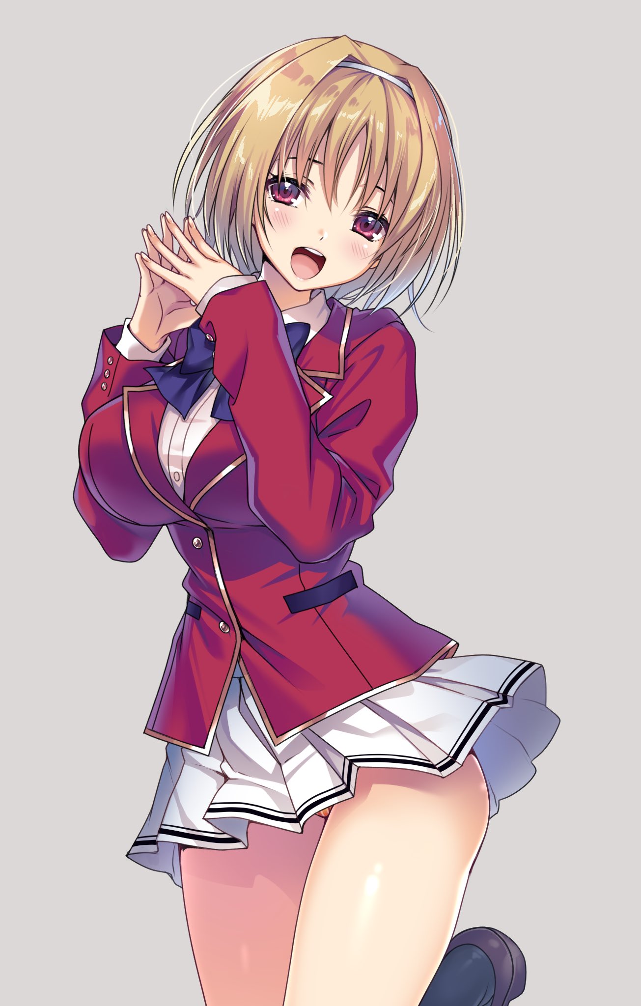 1girl :d bangs blazer blue_bow blue_bowtie bow bowtie breasts brown_hair collared_shirt grey_background hair_between_eyes hairband hands_up hario_4 highres jacket kushida_kikyou large_breasts looking_at_viewer orange_panties own_hands_together panties pantyshot pink_eyes red_jacket shirt short_hair skirt smile solo striped striped_panties underwear white_hairband white_shirt white_skirt youkoso_jitsuryoku_shijou_shugi_no_kyoushitsu_e