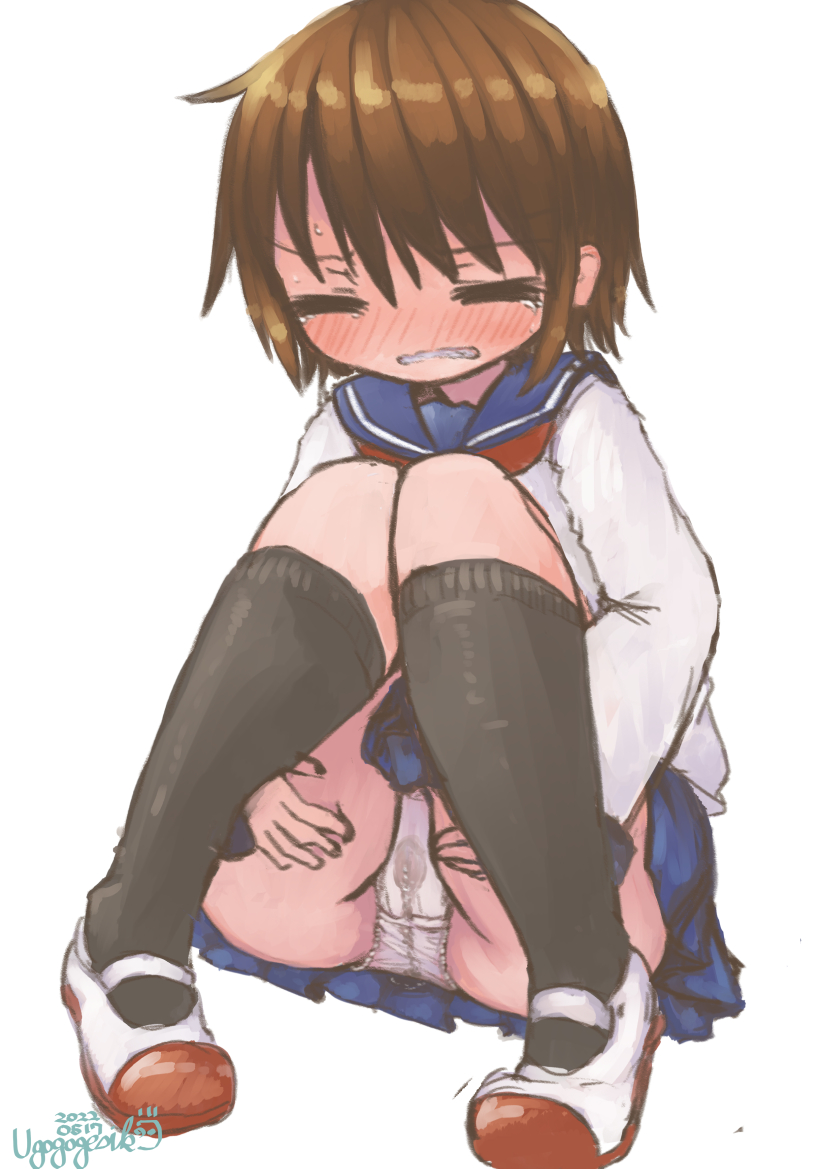 1girl artist_name bangs black_legwear blouse blue_sailor_collar blue_skirt blush borrowed_character brown_hair cameltoe clenched_teeth closed_eyes commentary_request dated embarrassed flat_chest full_body have_to_pee kneehighs knees_together_feet_apart knees_up long_sleeves miniskirt neckerchief nose_blush original panties pantyshot partial_commentary pee peeing peeing_self pigeon-toed pleated_skirt red_neckerchief sailor_collar shiny shiny_hair shirt shoes short_hair sidelocks signature simple_background sitting skirt solo tears teeth ugogogesik underwear upskirt wet wet_clothes wet_panties white_background white_footwear white_panties white_shirt