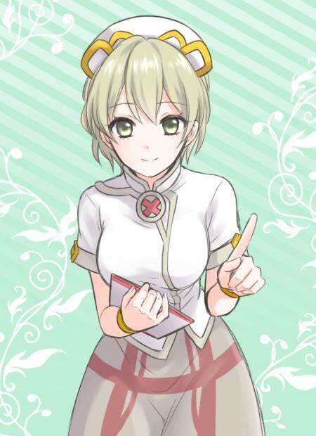 1girl breasts closed_mouth dress eunice_(gensou_suikoden) gensou_suikoden gensou_suikoden_tierkreis hat holding jewelry looking_at_viewer nurse nurse_cap short_hair short_sleeves smile solo stardrop