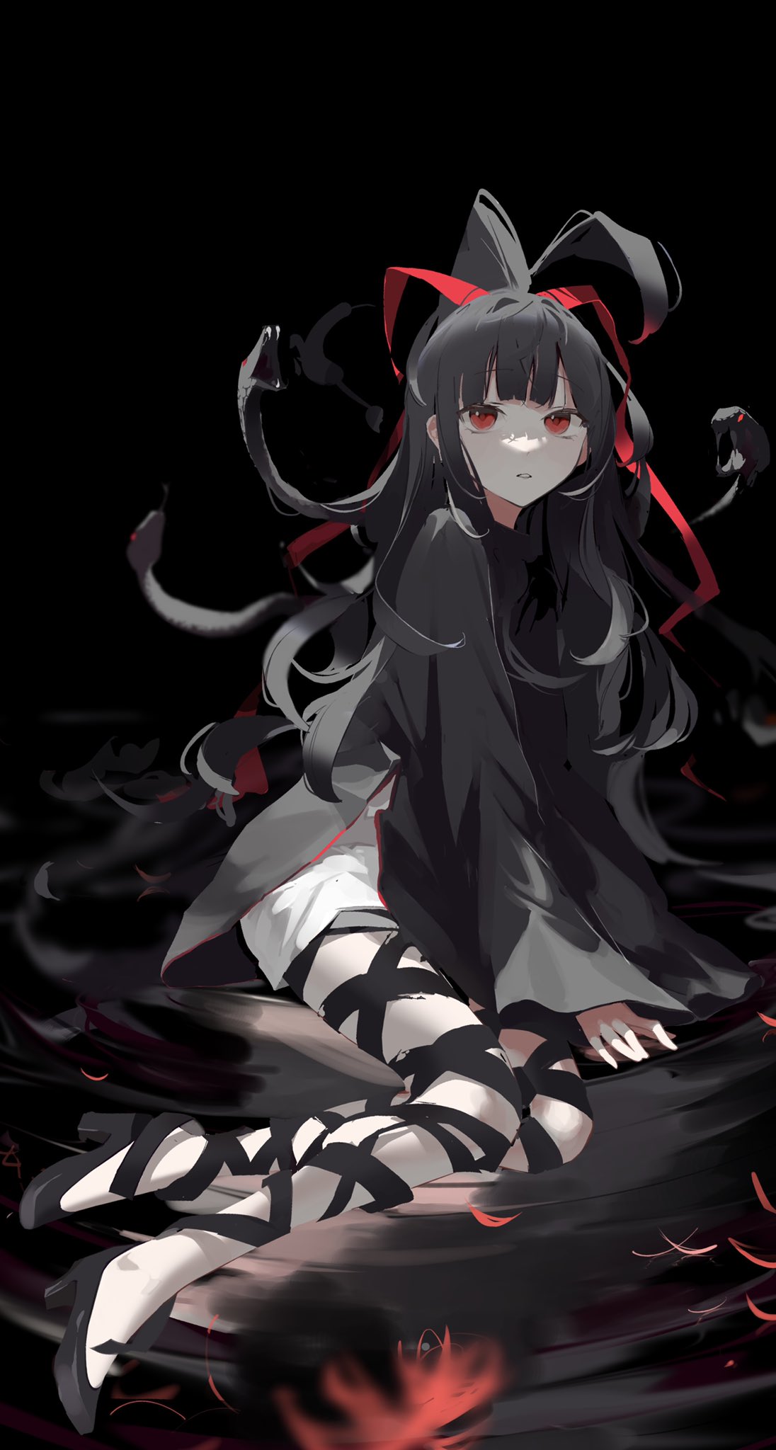 1girl azami_(kagerou_project) black_dress black_hair curly_hair dark dress highres kagerou_project long_hair long_sleeves mo011010 parted_lips ponytail red_eyes ribbon shallow_water solo water