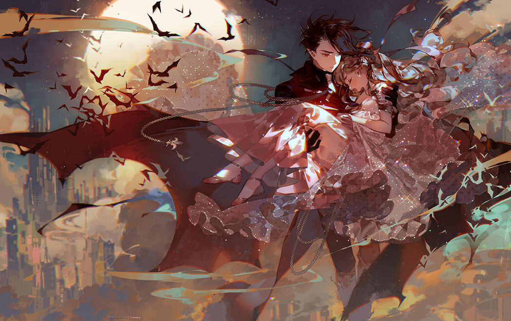 1boy 1girl above_clouds artist_name asymmetrical_hair bangs bat black_cape black_coat black_gloves brown_hair cape carrying carrying_person chromatic_aberration closed_eyes closed_mouth cloud coat commentary_request curly_hair dress fantasy flying frilled_dress frills full_moon gloves kawacy long_hair looking_at_another moon moonlight night open_mouth original outdoors polka_dot polka_dot_dress princess_carry red_eyes sparkle swept_bangs vampire