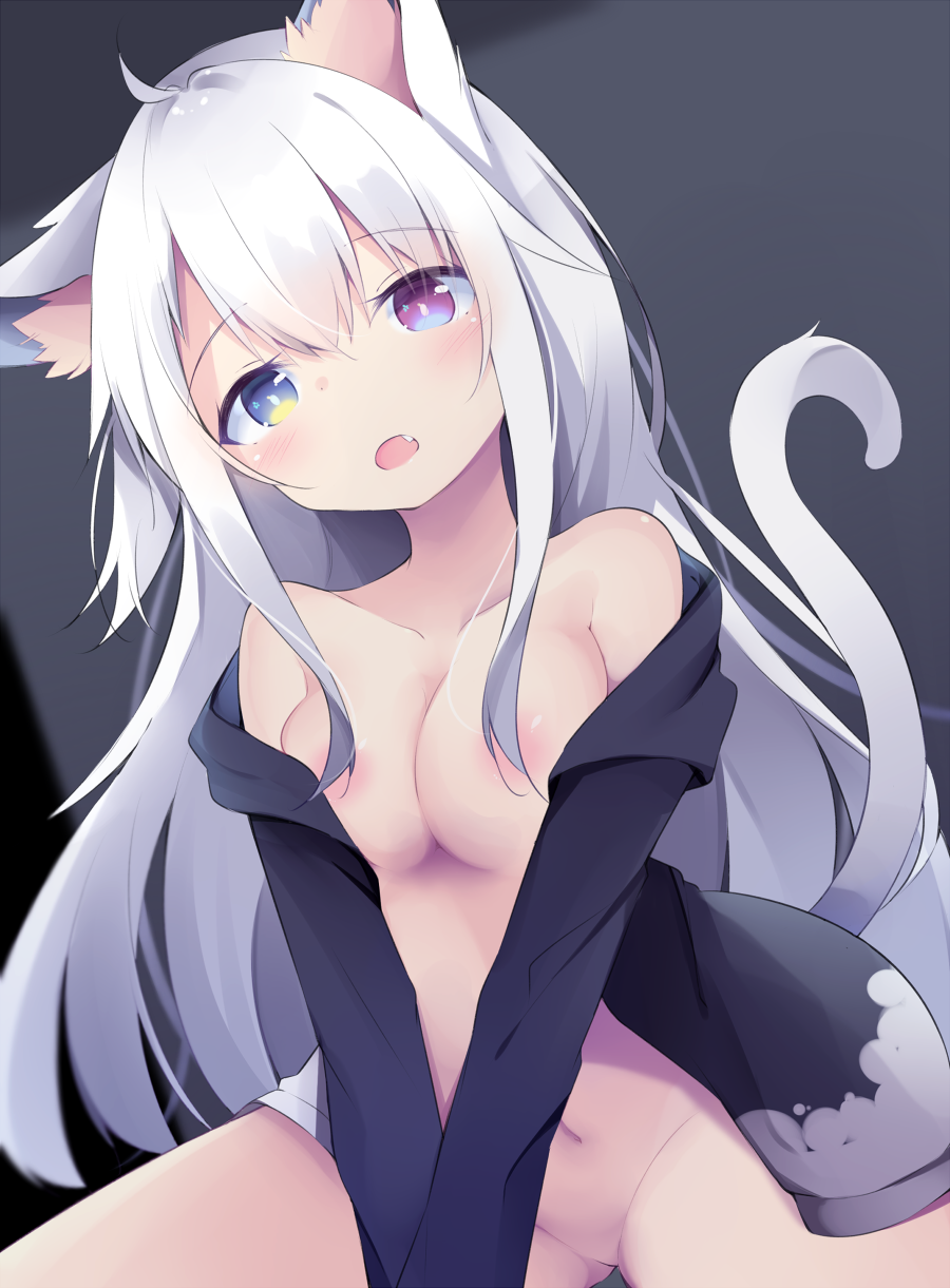 1girl :o ahoge animal_ear_fluff animal_ears bangs black_shirt blue_eyes blush bottomless breasts cat_ears cat_girl cat_tail collarbone eyebrows_visible_through_hair fang groin hair_between_eyes hair_censor hair_over_shoulder heterochromia highres kyuukon_(qkonsan) long_hair looking_at_viewer medium_breasts navel off_shoulder open_clothes open_shirt original purple_eyes shirt sitting solo tail tail_raised very_long_hair wariza white_hair