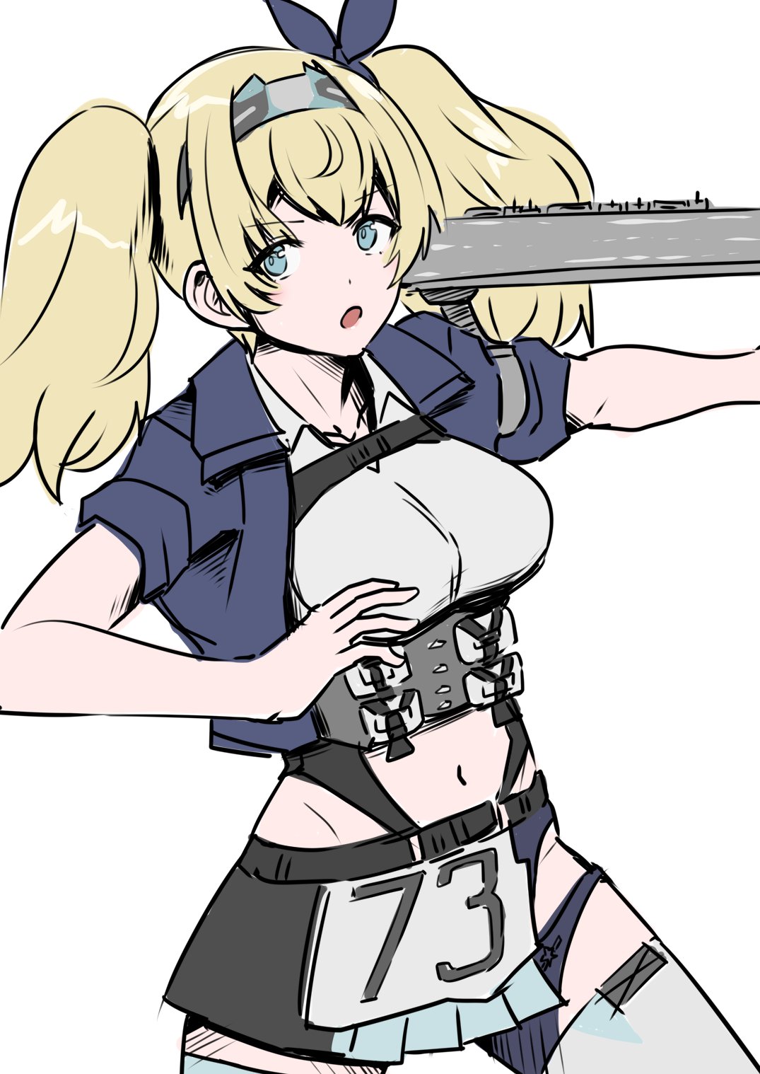 1girl 30-06 :o blonde_hair blue_eyes blue_shirt blush breasts collared_shirt crop_top gambier_bay_(kancolle) gambier_bay_mk_ii_(kancolle) hairband highres kantai_collection large_breasts looking_at_viewer shirt short_sleeves simple_background solo twintails white_background