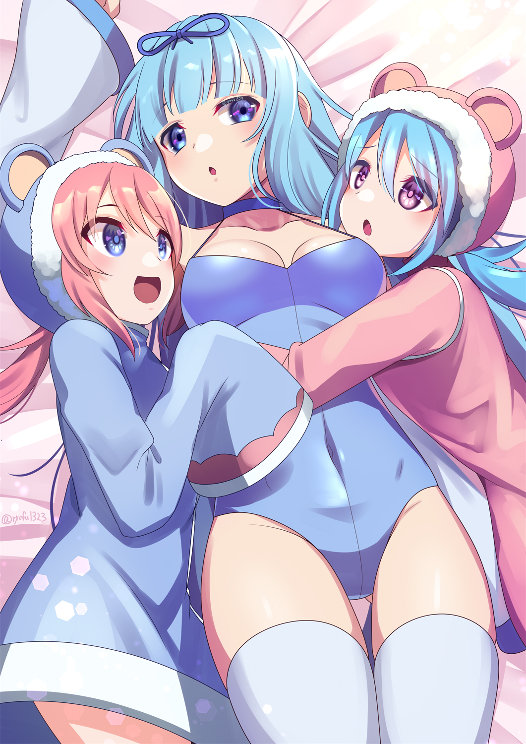 3girls :d :o animal_ears artist_name bare_shoulders bear_ears bed blue_choker blue_coat blue_eyes blue_hair blue_leotard blue_ribbon breasts choker cleavage coat collarbone eyebrows_visible_through_hair highres hug large_breasts leotard long_hair long_sleeves low_twintails multiple_girls nieve_(rabi_ribi) nixie_(rabi_ribi) open_mouth pink_coat pink_hair purple_eyes rabi-ribi ribbon rita_(rabi-ribi) ryofuhiko smile twintails white_legwear wide_sleeves