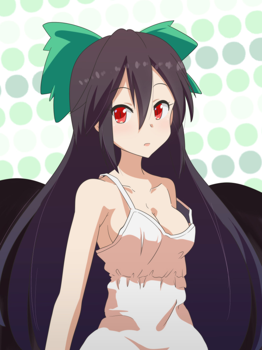 1girl alternate_costume bangs bird_wings black_hair black_wings blush breasts camisole cato_(monocatienus) cleavage commentary_request expressionless hair_between_eyes highres long_hair looking_at_viewer medium_breasts open_mouth red_eyes reiuji_utsuho solo strap_slip touhou upper_body white_camisole wings