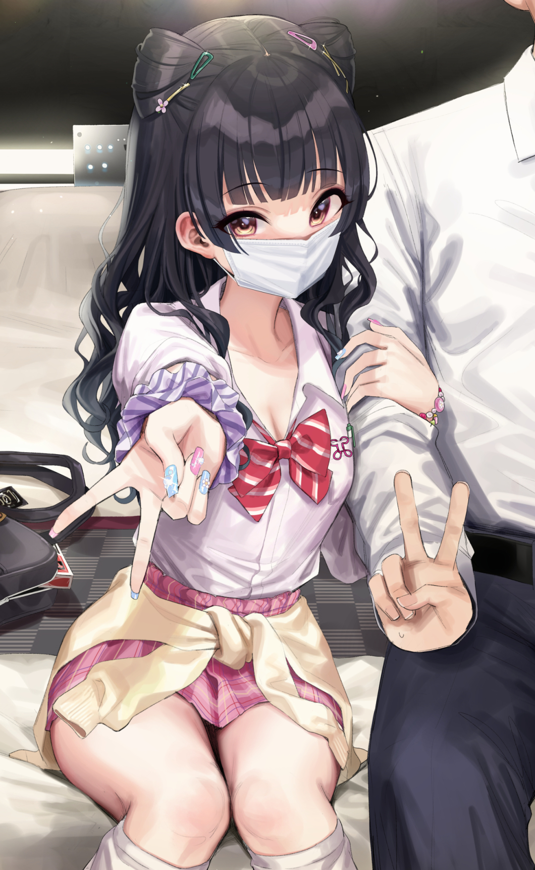 1boy 1girl arm_hug bag bangs black_hair blunt_bangs breasts cardigan cardigan_around_waist cleavage clothes_around_waist collarbone condom condom_box feet_out_of_frame foreshortening formal gyaru head_out_of_frame hetero highres idolmaster idolmaster_shiny_colors indoors kogal long_hair looking_at_viewer loose_necktie mayuzumi_fuyuko mirei nail_polish necktie on_bed open_collar pink_skirt plaid plaid_skirt pleated_skirt producer_(idolmaster) school_bag school_uniform scrunchie shirt shirt_tucked_in sitting skirt skirt_rolled_up sleeves_rolled_up two_side_up v wavy_hair white_mask white_shirt wrist_scrunchie yellow_cardigan