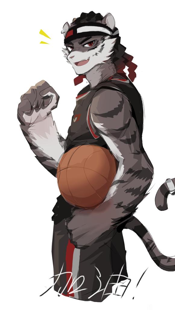 accessory anthro ball basketball_(ball) black_body black_fur chinese_text clothing dreadlocks ear_piercing felid fur hair headband male mammal multicolored_hair muscular muscular_male pantherine piercing red_eyes simple_background smile solo sportswear text tiger tiger_wing two_tone_hair undressing white_background