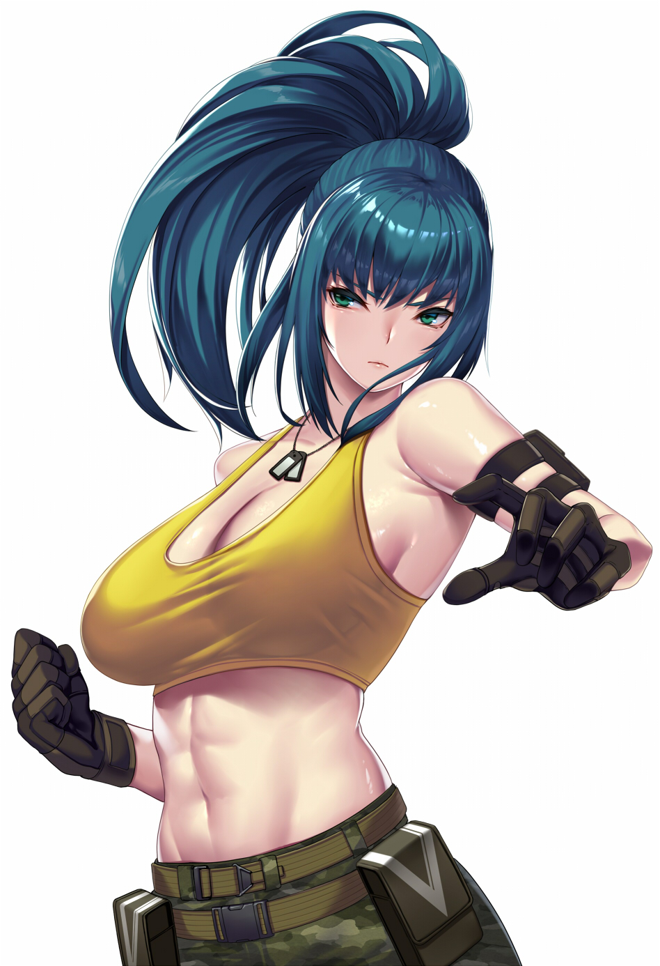 1girl abs armlet bangs bare_shoulders belt blue_eyes blue_hair breasts camouflage camouflage_pants cleavage clenched_hand closed_mouth crop_top dog_tags duplicate gloves highres large_breasts leona_heidern long_hair navel pants pixel-perfect_duplicate ponytail simple_background sleeveless takanashi-a tank_top the_king_of_fighters the_king_of_fighters_xiv the_king_of_fighters_xv toned white_background yellow_tank_top