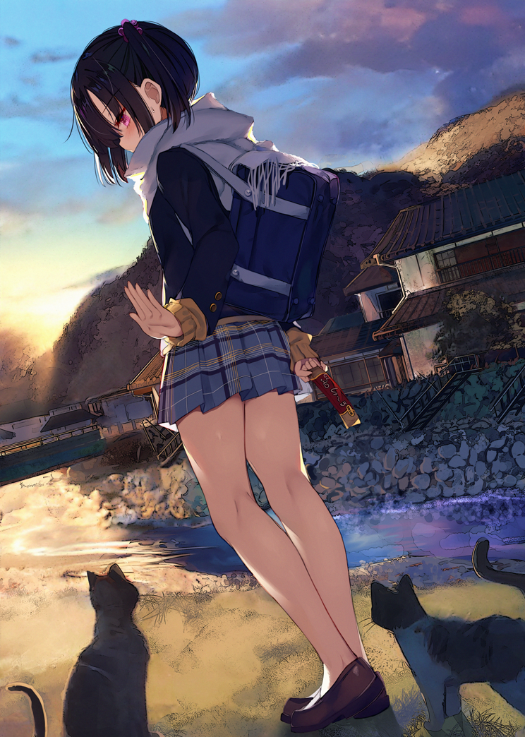 1girl animal animal_ears bag bangs bare_legs black_hair blue_bag blue_skirt blue_sky brown_footwear buttons cat cloud cloudy_sky commentary_request food from_behind full_body grass hair_ornament hand_up holding holding_food kamizaki_hibana long_sleeves medium_hair no_socks original outdoors pink_eyes pleated_skirt river rock scarf school_bag school_uniform short_twintails sidelocks skirt sky solo_focus stairs standing sunset sweater tail tree twintails white_scarf yellow_sweater