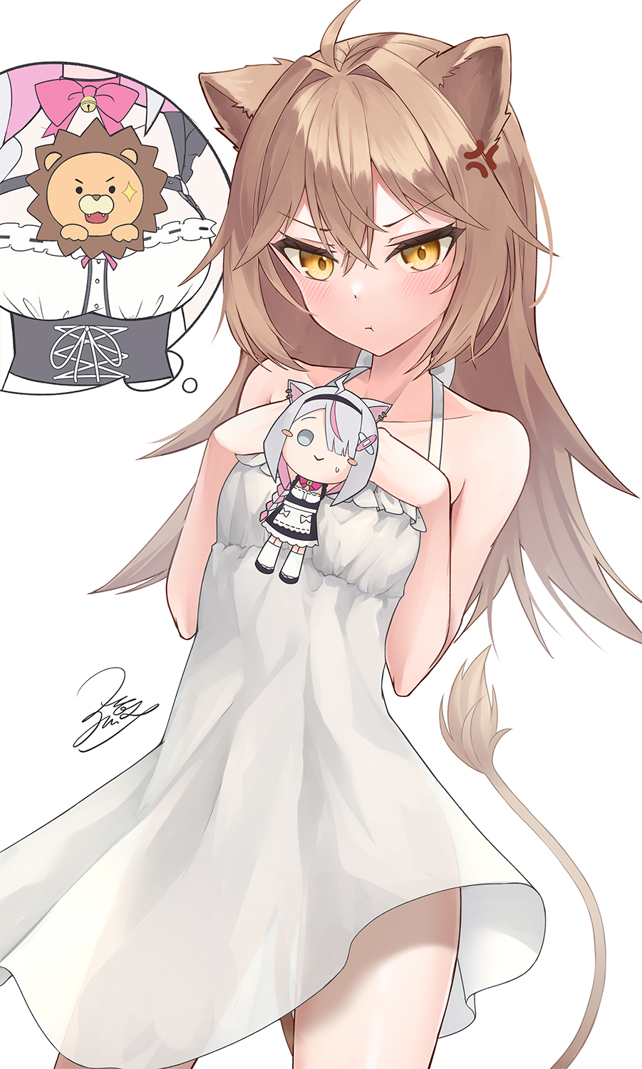 2girls :t ahoge anger_vein animal_ears bare_arms bare_shoulders blush breasts brown_hair character_doll closed_mouth collarbone commentary_request dress frilled_dress frills hair_intakes highres indie_virtual_youtuber lion_ears lion_girl lion_tail lolo_(vtuber) long_hair looking_at_viewer multiple_girls pout rurudo_lion signature simple_background sleeveless sleeveless_dress small_breasts solo_focus sparkle stuffed_animal stuffed_lion stuffed_toy sundress tail very_long_hair virtual_youtuber white_background white_dress z.m._(school913102)