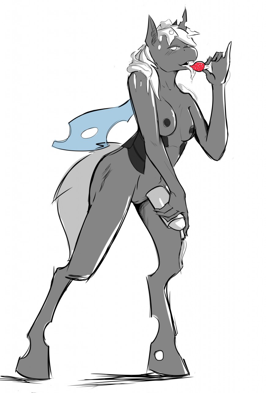 anthro arthropod breasts canister changeling dairy_products double-zr-tap female food friendship_is_magic fruit hi_res leaning leaning_forward licking looking_aside my_little_pony nude plant silver_lies simple_background small_breasts solo strawberry tongue tongue_out whipped_cream white_background