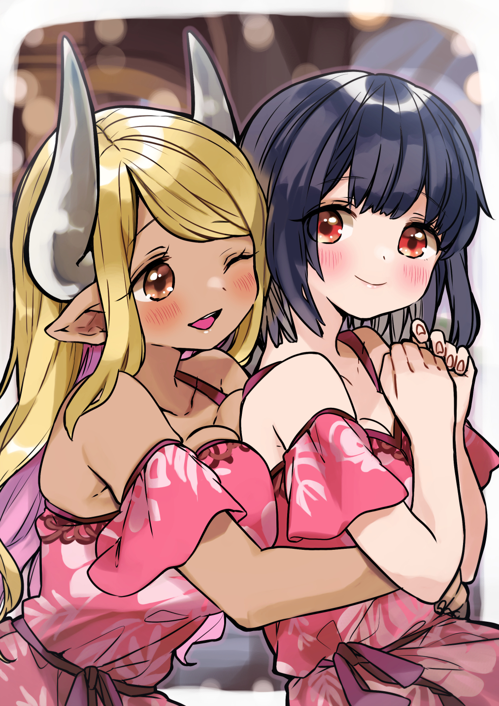 2girls bangs black_hair blonde_hair blurry blurry_background blush bokeh breasts brown_eyes cleavage closed_mouth dark-skinned_female dark_skin depth_of_field dress granblue_fantasy highres horns hug hug_from_behind kumbhira_(granblue_fantasy) large_breasts long_hair multiple_girls one_eye_closed open_mouth osakana_(rrg0123) own_hands_together pink_dress pointy_ears red_eyes short_hair small_breasts smile vikala_(granblue_fantasy)