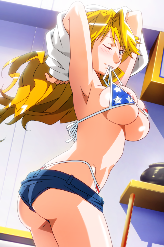 1girl american_flag_bikini areolae arms_up ass bangs bikini blonde_hair blue_eyes breasts christine_garland clothes_lift cowboy_shot flag_print indoors large_breasts long_hair mature_female microskirt mouth_pull non-web_source official_art one_eye_closed photoshop_(medium) shirt_lift skirt solo super_real_mahjong swimsuit tanaka_ryou twisted_torso
