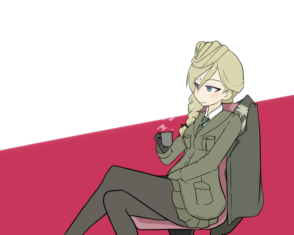 1girl black_gloves black_legwear black_ribbon blonde_hair blue_eyes braid brown_jacket brown_skirt chair closed_mouth coat coat_removed commentary crossed_legs cup dress_shirt from_side frown girls_und_panzer girls_und_panzer_ribbon_no_musha gloves green_necktie guropara hair_bun hair_over_shoulder hair_ribbon holding holding_cup jacket jajka_(girls_und_panzer) long_hair long_sleeves looking_to_the_side makeup mascara military military_uniform miniskirt necktie office_chair pantyhose pleated_skirt ribbon shirt single_braid sitting skirt solo steam sweatdrop uniform white_shirt